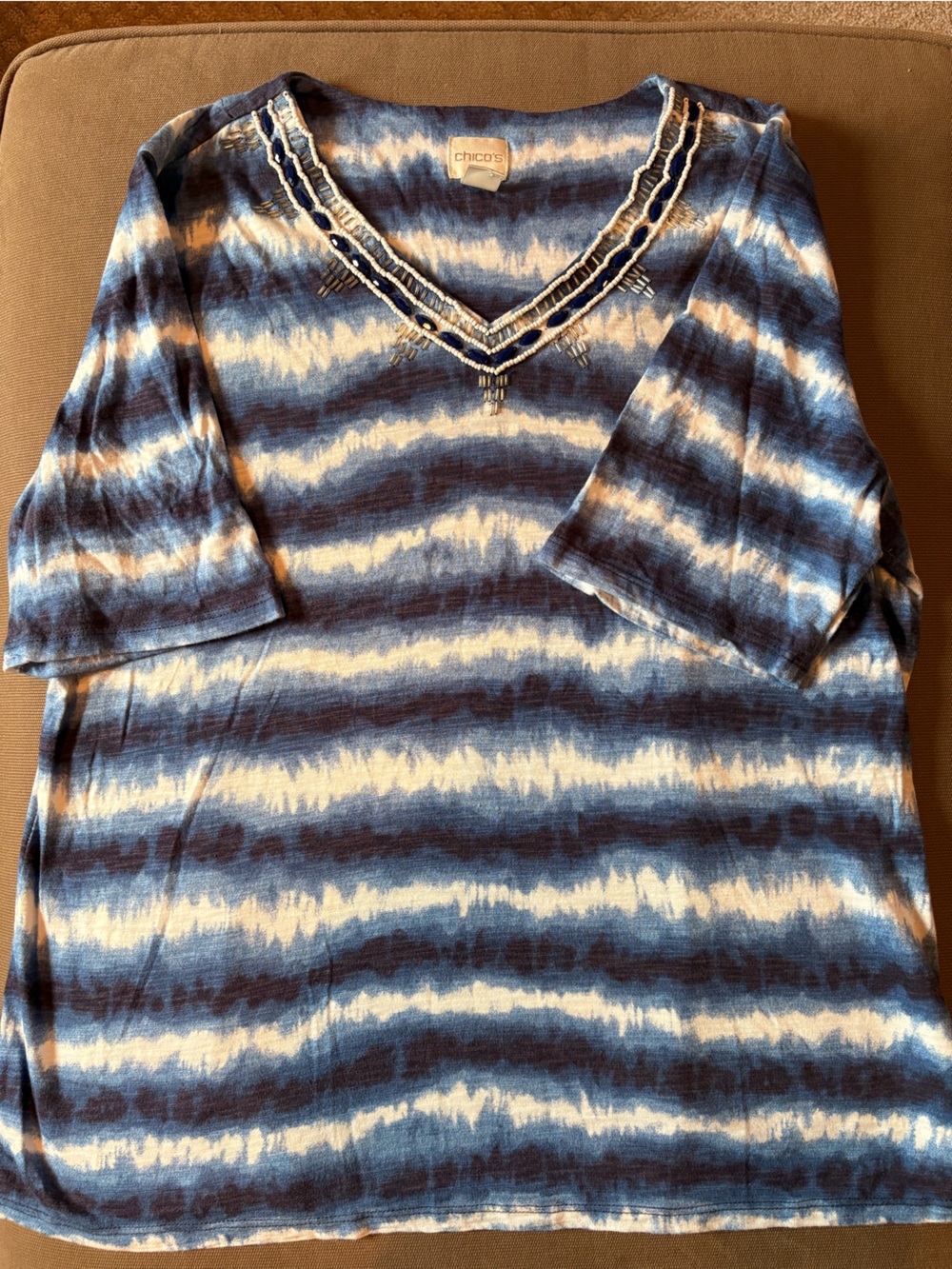 Chico's Navy and White Tie-Dye V-Neck Beaded Tunic